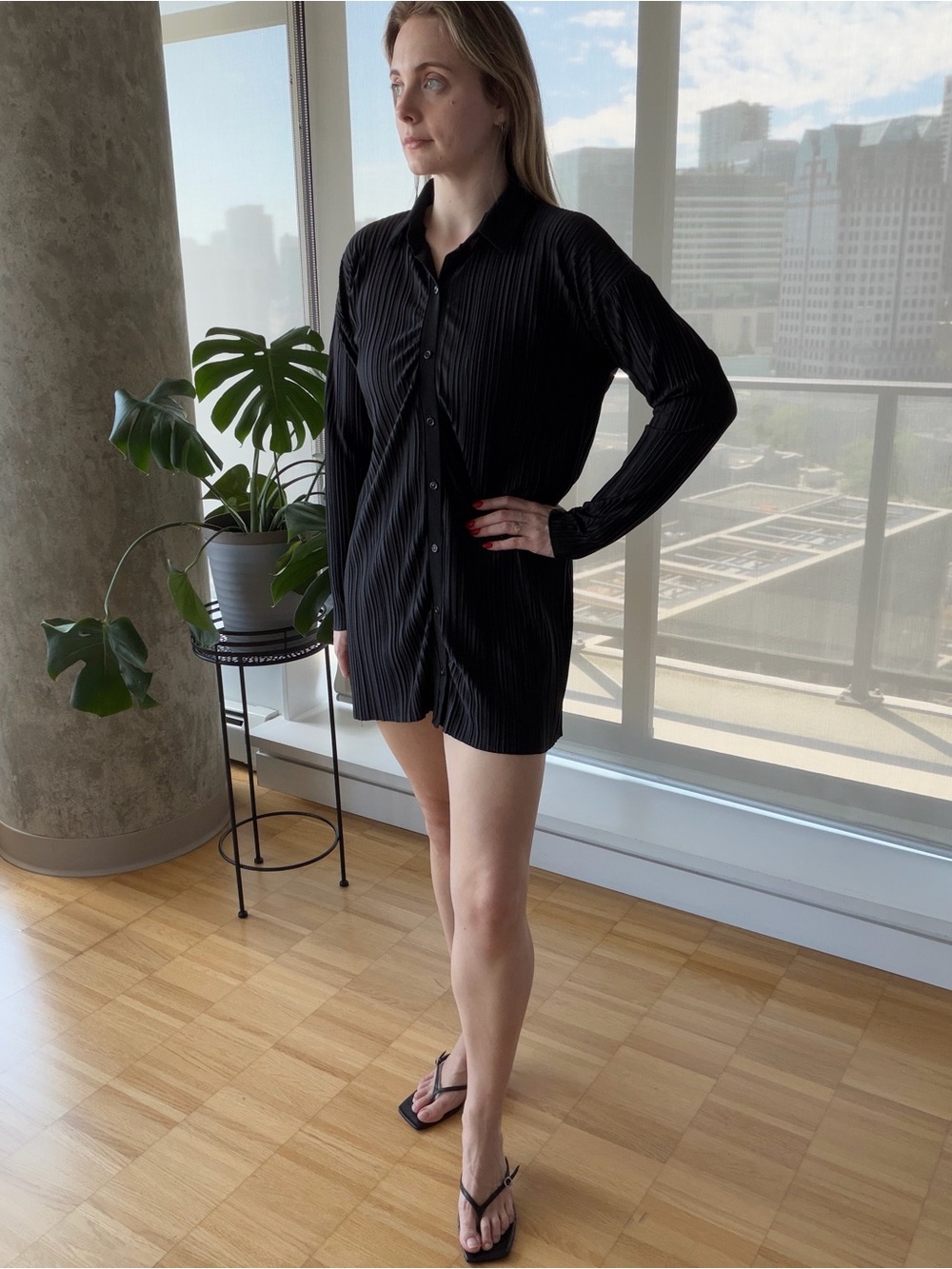 Missguided Black Pleated Satin Shirt Dress - Size M